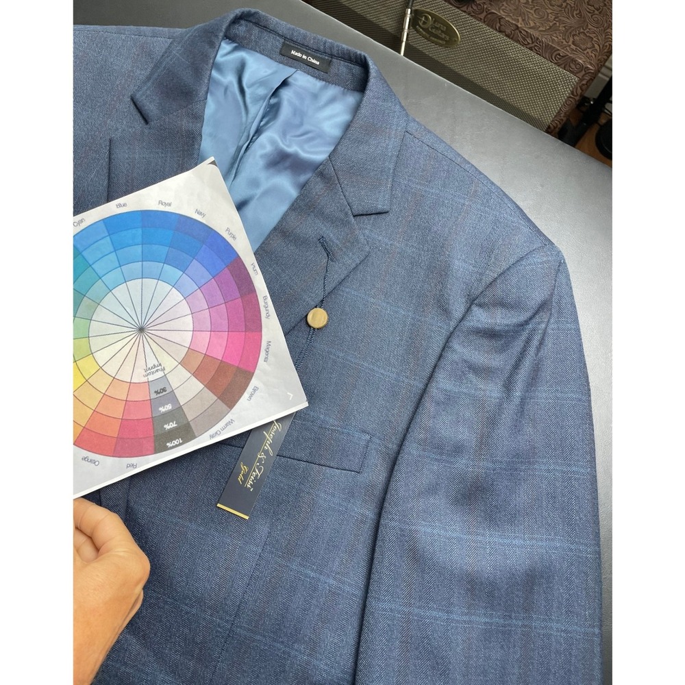 Joseph & Feiss 48R Blue Maroon New Wool Blend Herringbone Plaid Blazer